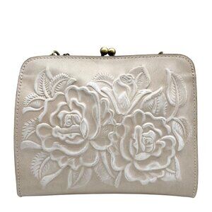 Patricia Nash Beige Leather Evangeline Floral Embossed Crossbody Bag